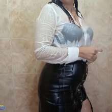 Hikari-Studio-Wam: Sheila in the Shower with a Leather Skirt and White Shirt