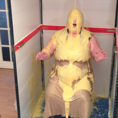 CandyCustard: Candy in the Custard Tank destroying evening dress with custard and pies!