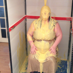 CandyCustard: Candy in the Custard Tank destroying evening dress with custard and pies!
