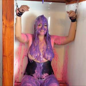 CandyCustard: Maria in bondage cuffed and shackled to gunge tank and slimed