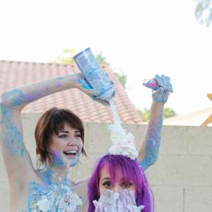 messyhot: Purple haired Audra and Harley Greens Play with Cake Outside