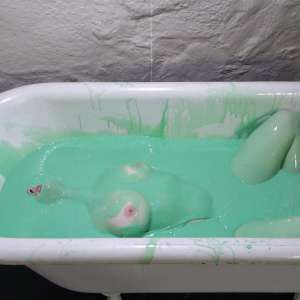 Stella: Stella bathes in a tub filled with 30 gallons of green gunge.