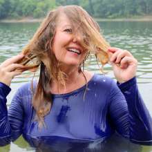 April Showers Wetlook: New Video!  Lake Swim in Skintight Blue Dress