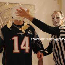starmanteam: Patriots jersey and New Era cap trashed with pies