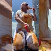 Wet_look_elena: All in White with Tomato Sauce Shower and Pool