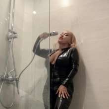 Wet_look_elena: Black Latex Cat Suit in Shower