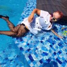 Wet_look_elena: Black Seamed Stockings Heels and White Dress in the Pool
