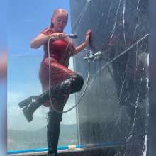 Wet_look_elena: Dress in Pool with Big Boots