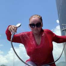 Wet_look_elena: Red Top and White Pants Shower and Pool