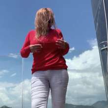 Wet_look_elena: Red Top and White Pants Shower and Pool