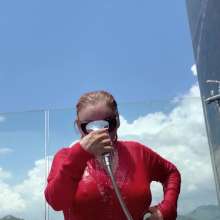 Wet_look_elena: Red Top and White Pants Shower and Pool