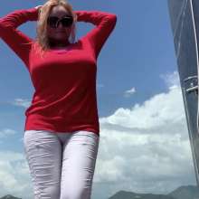 Wet_look_elena: Red Top and White Pants Shower and Pool