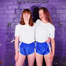 DungeonMasterOne: Miss Abigail punishes Lucia for her untucked shirt: Shiny shorts fun!