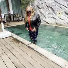Wet_look_elena: Leather Jacket Jeans and Heels in Pool