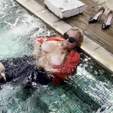 Wet_look_elena: Leather Jacket Jeans and Heels in Pool