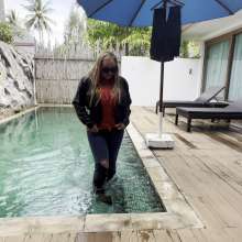 Wet_look_elena: Leather Jacket Jeans and Heels in Pool