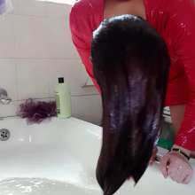 Thefetishgirl: Hair Washing in a Sexy Red PVC Dress