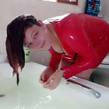 Thefetishgirl: Hair Washing in a Sexy Red PVC Dress