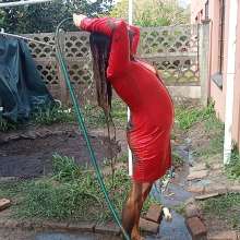 Thefetishgirl: Mud Play in My Sexy Red PVC Dress and Clean Up