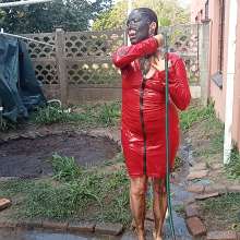 Thefetishgirl: Mud Play in My Sexy Red PVC Dress and Clean Up