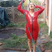 Thefetishgirl: Mud Play in My Sexy Red PVC Dress and Clean Up
