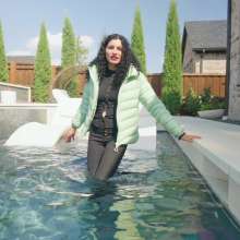 WetlookFashion: Bella-Winter Swim with a Down Jacket