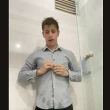WETColours: Ostin in His First Shower Dressed